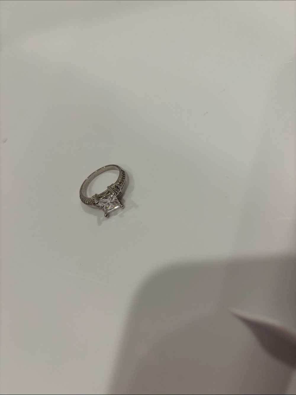 Classic Silver Princess-Cut Solitaire Ring with Pavé Band - Silver